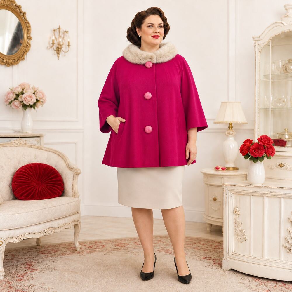 60s Raspberry Wool Cape Coat w Mink Collar Short Swing Jacket - L